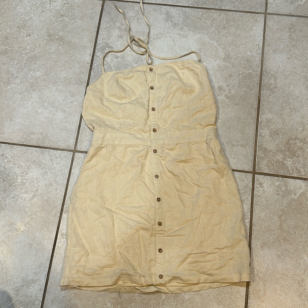 American Threads Cream Linen Button Front Backless Halter Dress M